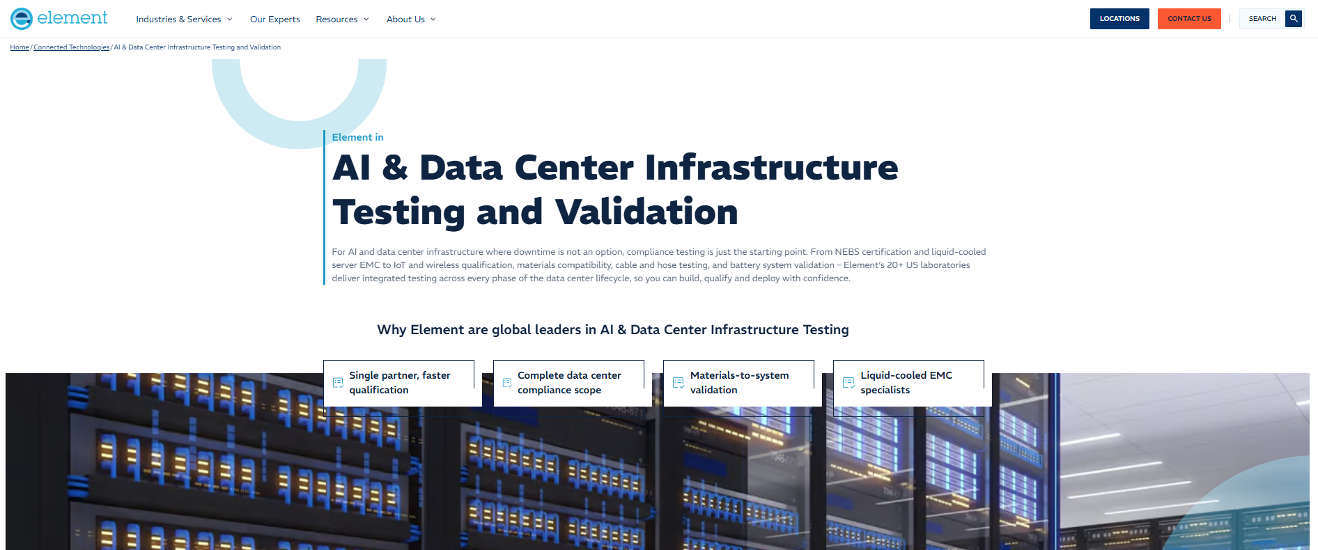 Screenshot of Element’s AI Data Center Testing page